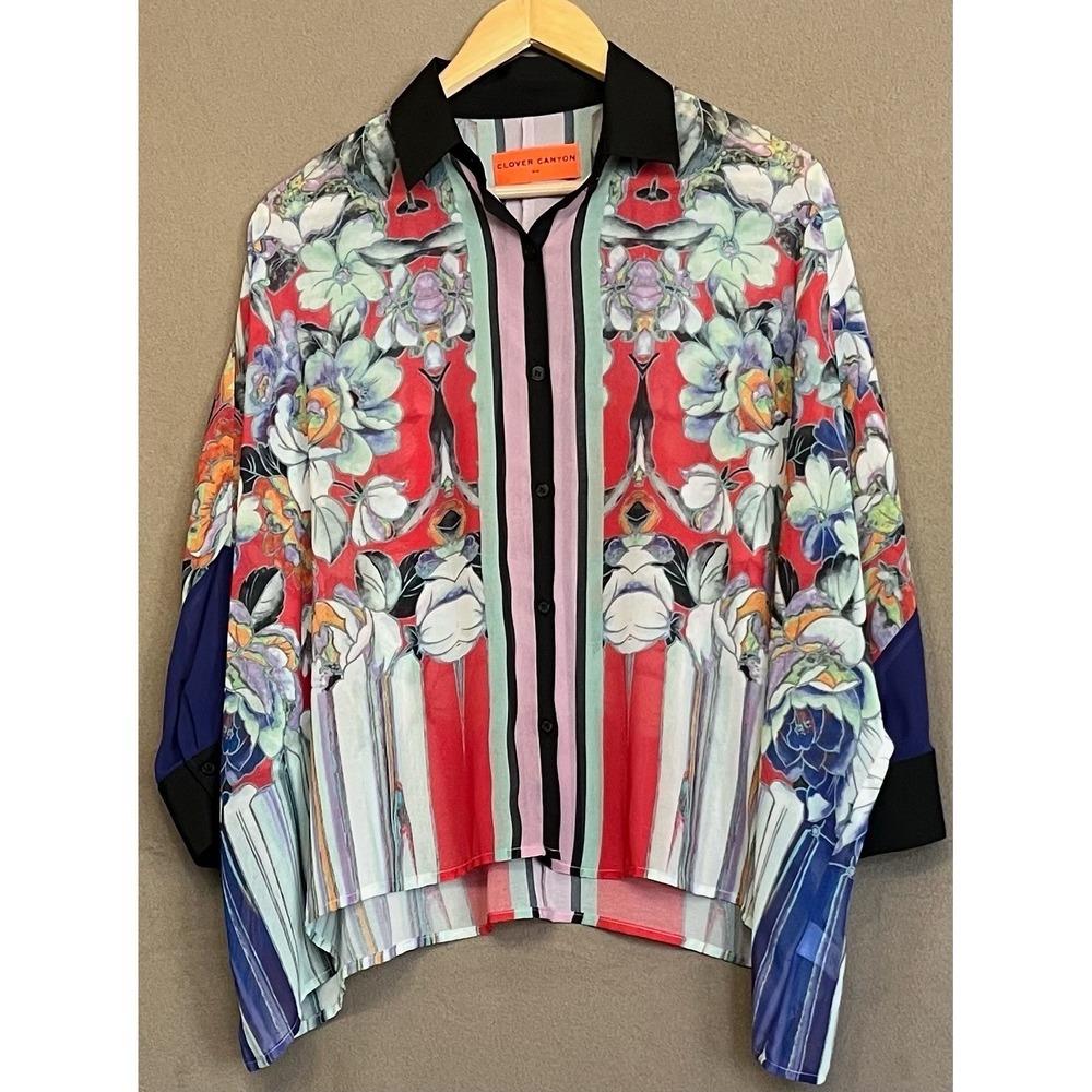 Beach Vacation Blouse Top Floral Cover up 3/4 Sleeve Sheer Pool Clover Canyon S - Picture 2 of 8